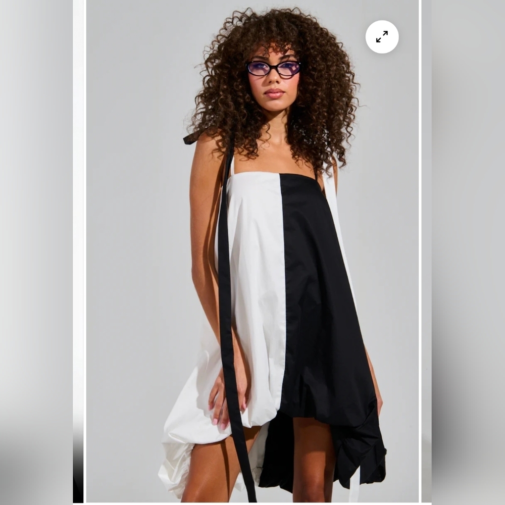 CUTIE GIRL POPLIN MINI BLACK AND WHITE DRESS WITH BOW DETAILS - M - Picture 3 of 7